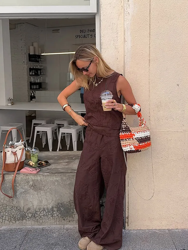 2025 Summer Women Casual Vest Set Sleeveless Round Neck Loose Top Brown Jacquard Wide Leg Pant Streetwear Outfit Lady Daily Wear