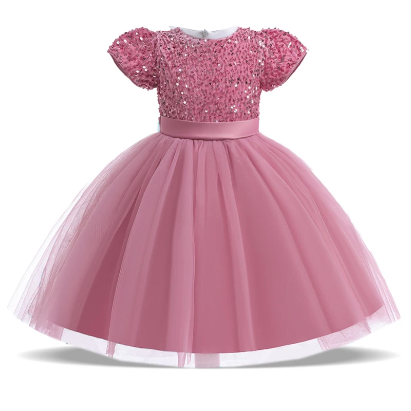 Summer Sequins Bow Party Girl Dress For Christmas Costume Elegant Wedding Princess Girls Dresses Lace Birthday Prom Gown Evening