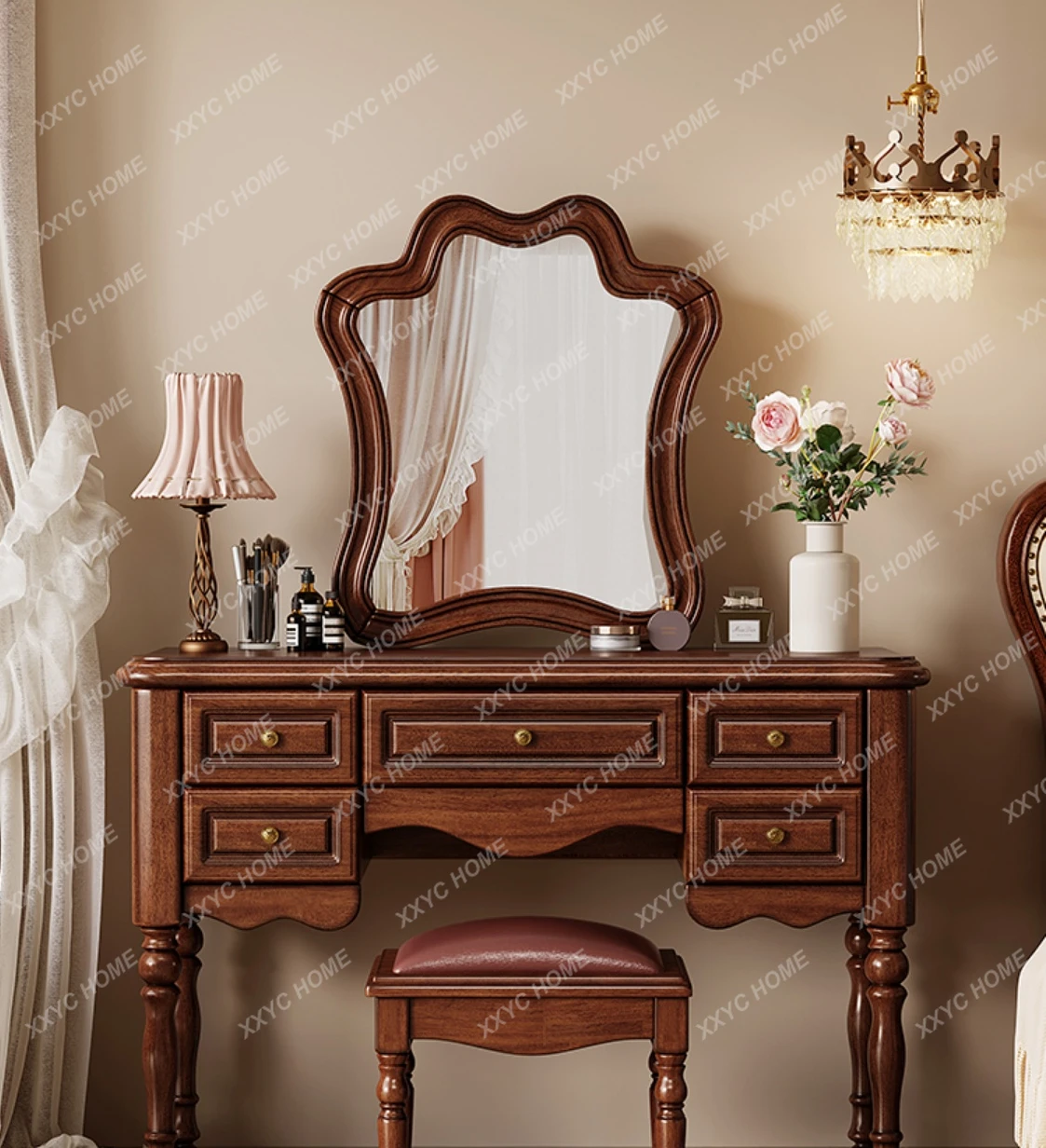 

Dressing Table American Retro Makeup Table Solid Wood with Cosmetic Mirror Dresser Storage Cabinet