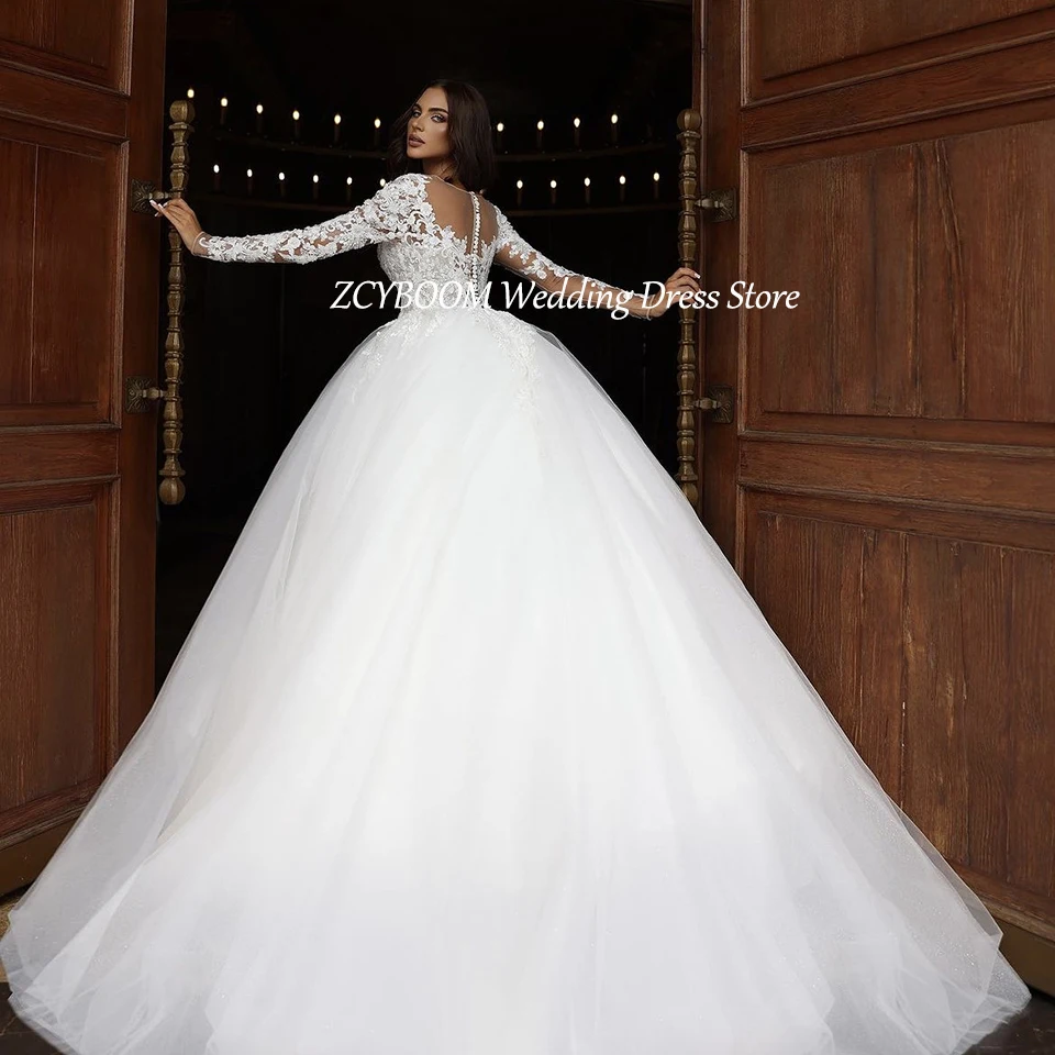 Vestido de casamento personalizado 2024 o-pescoço lantejoulas apliques mangas compridas vestido de baile até o chão trem varredura tule zíper vestido de noiva