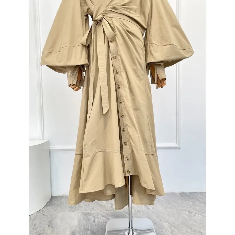 2025 feminino cáqui manga longa blusa lateral cintura gravata vestido midi de algodão