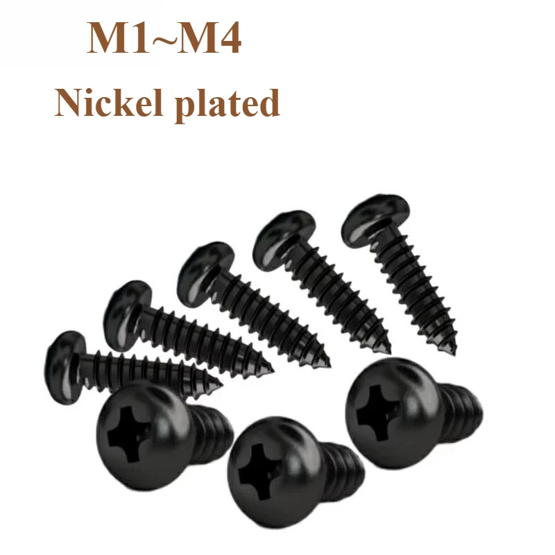 M1 M1.2 M1.4 M1.7 M2 M2.6 M2.8 M3 M3.5 M4 Black Nickel-Plated Carbon Steel Cross Recessed Round Head Self-Tapping Screw