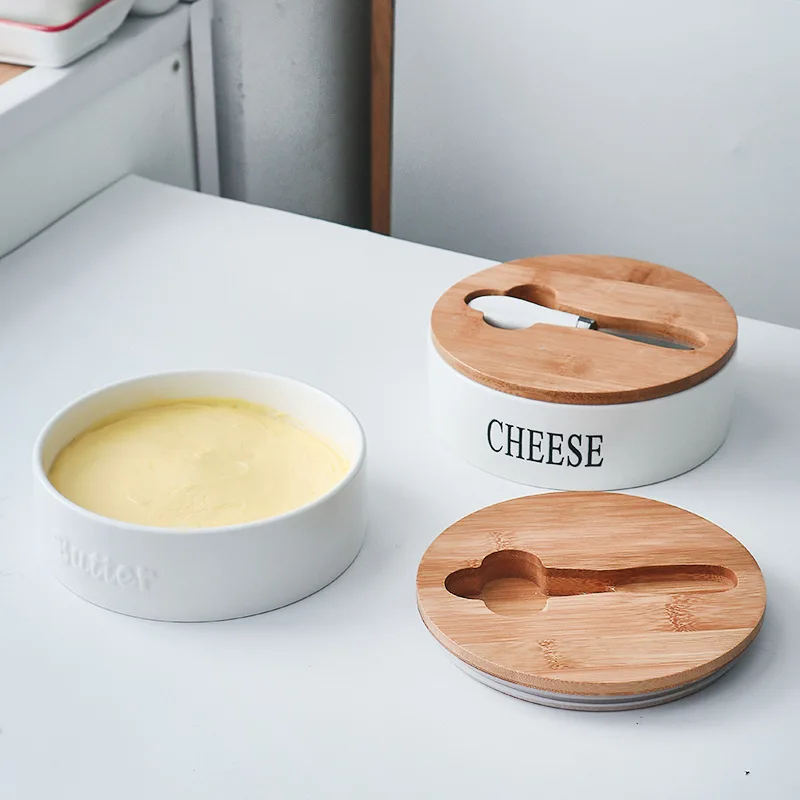 Ceramic Butter Storage Box with Wooden Lid, Cheese Plate, Tableware, Cheese Dish Container, Knife, French Butter, Dishes