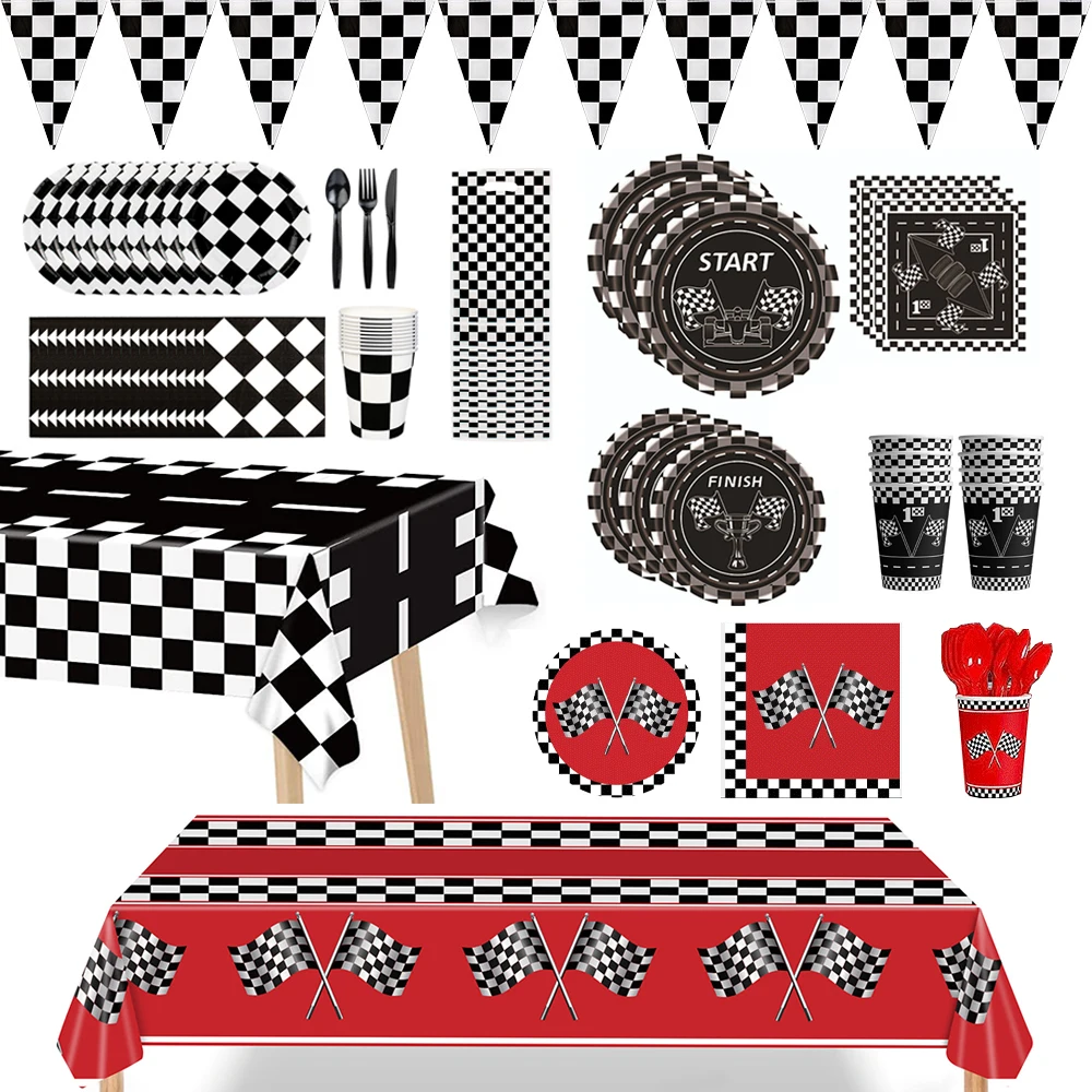 Racing Car Birthday Decoration Tableware Checkered Paper Plates Napkins Cups Tablecloth Kids Boy Formula 1 Race Party Decoration