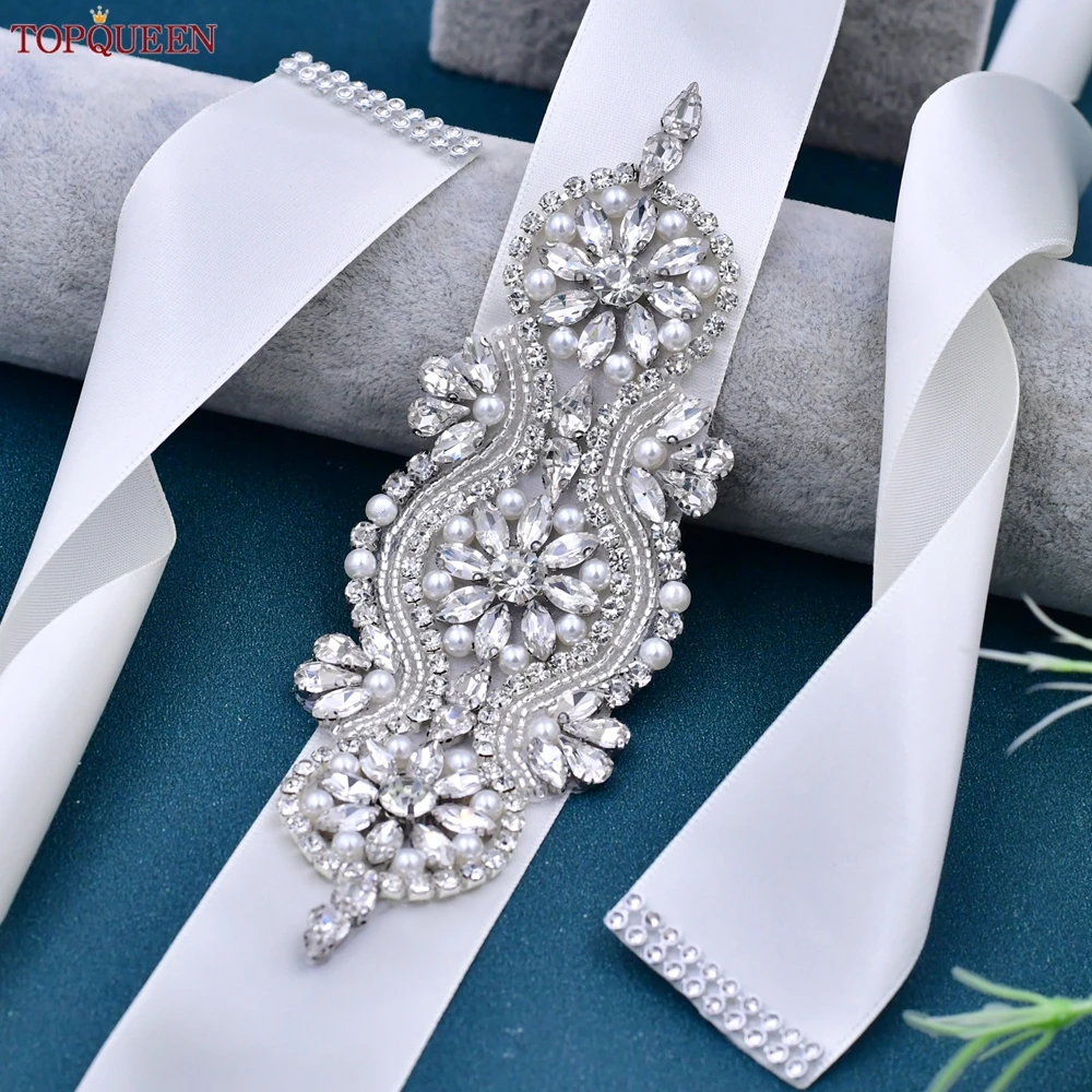 TOPQUEEN Wedding Belt Bridal Wide Belt Rhinestone Pearl Applique Patch  Evening Dress Moroccan Kaftan Decoration Belt S05