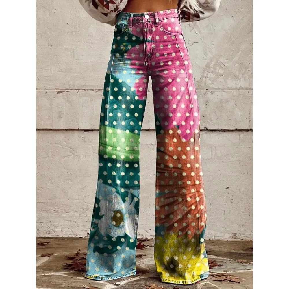 Damenhose mit Folk-Art-Print, hoher Taille und weitem Bein, Boho-Freizeithose, farbenfrohe, bequeme, locker sitzende Hose für den Alltag – Detail 16