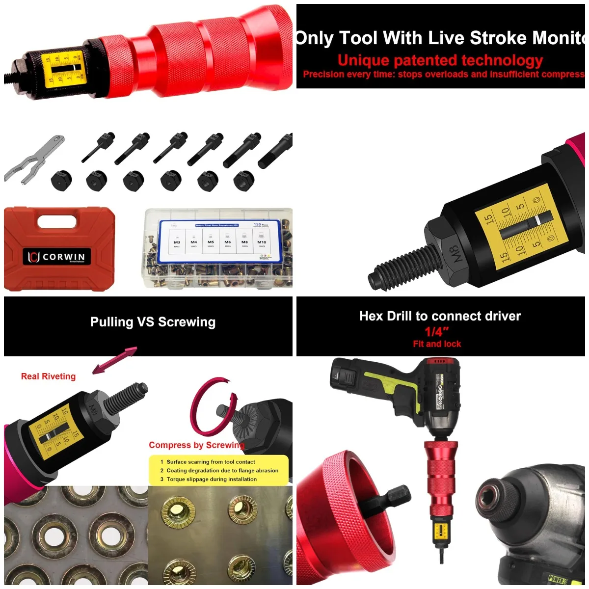 X1S Rivet Nut Drill Adapter Kit with Overload Protection, 150 pcs Nuts, Blow Molded Case