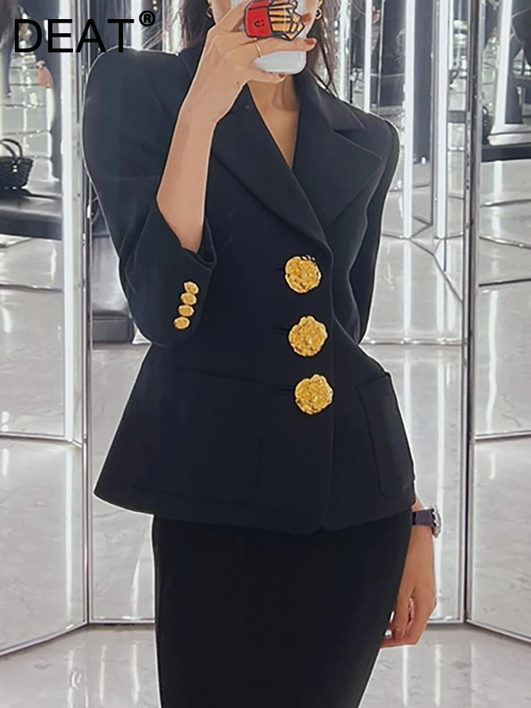 DEAT Fashion Women\'s Blazer Notched Collar Big Single Breasted Long Sleeve Slim Suit Jackets Female Autumn 2024 New 17A4062