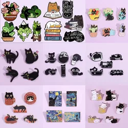 3~12pcs/Set Cute Cat Enamel Pin Cartoon Black Cat Potted Book Oil Painting Brooch Backpack Lapel Badge Gift Jewelry Wholesale