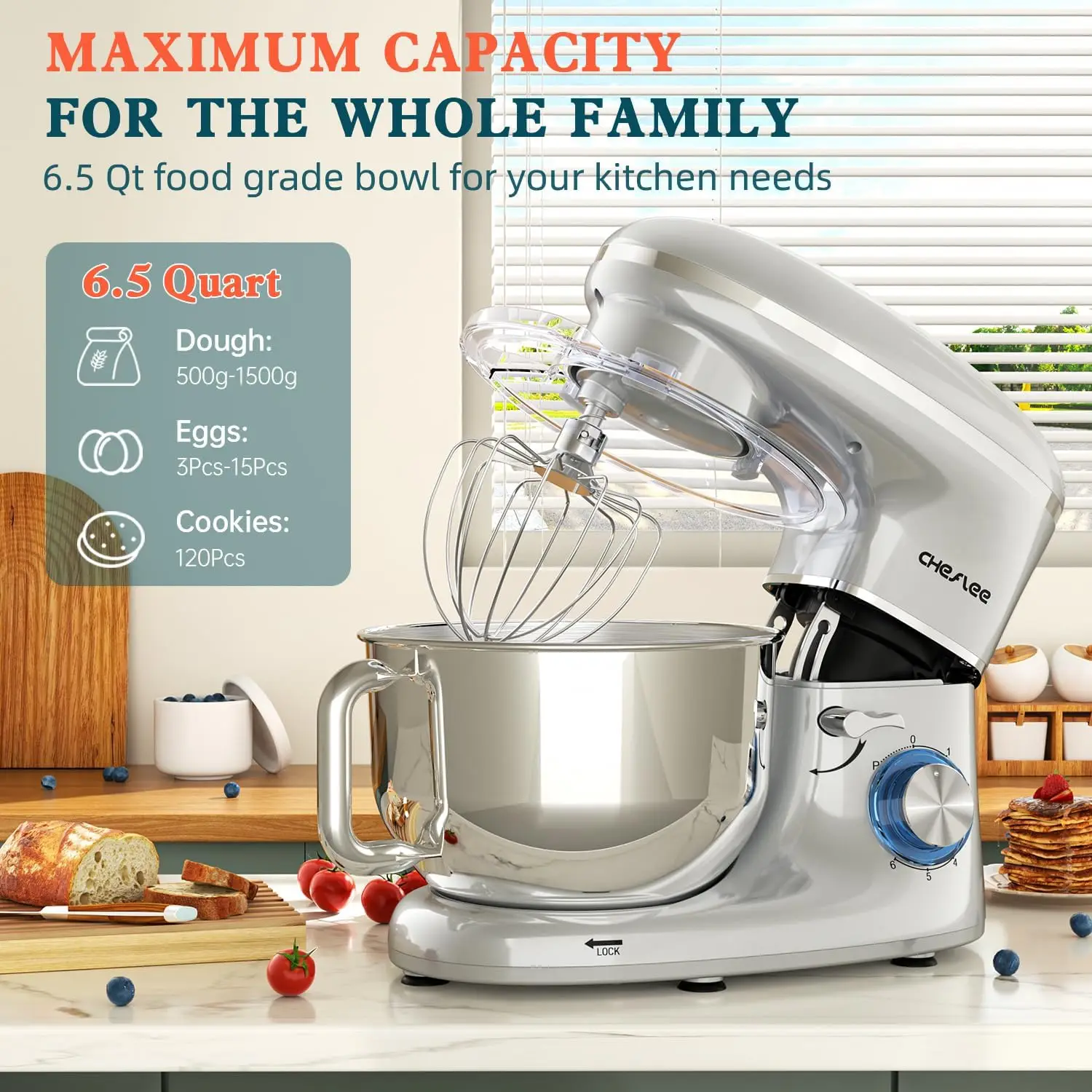 خلاط مطبخ فضي بقدرة 600 وات 6.5 كوارت مع وعاء من الفولاذ المقاوم للصدأ وخطاف عجين وخفق وخافق للخبز والطهي