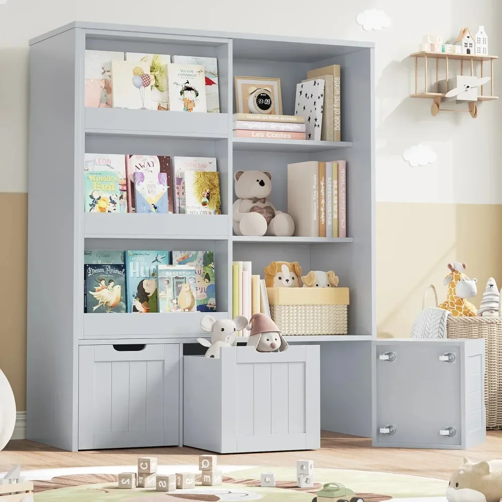 

Modern Children Cabinets, 6 Cube Toy Storage Organizer with Sliding Rack, Kids Bookcase and Bookshelf with 3 Drawers