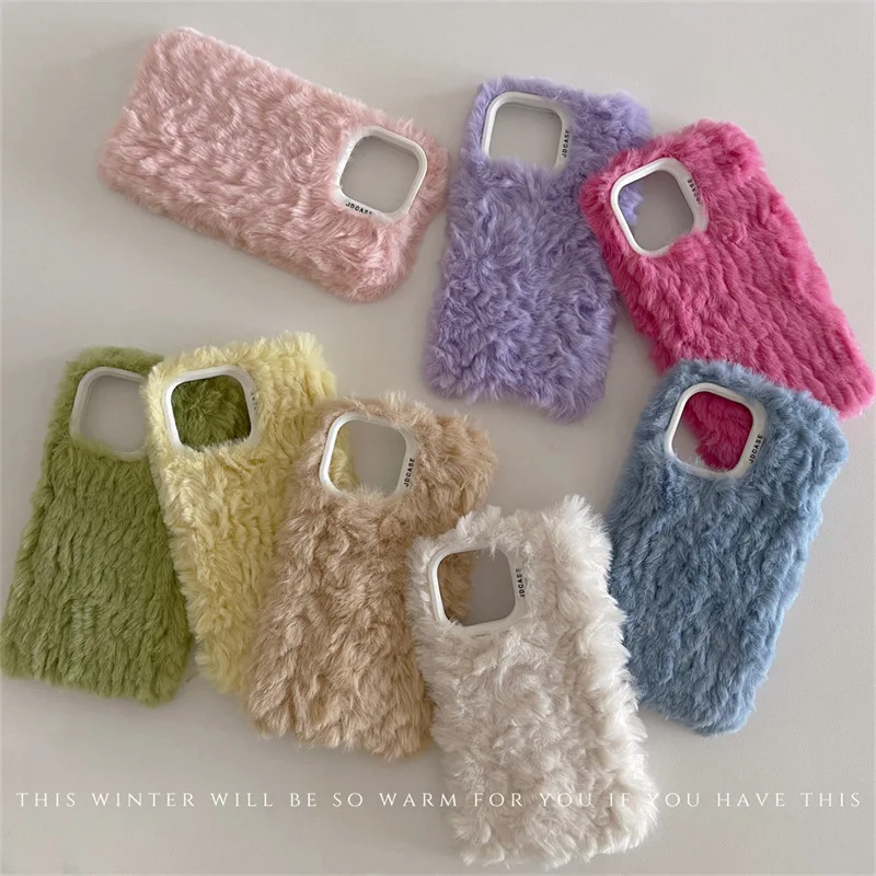 Cute Macaron Candy Color Winter Warm Plush Phone Back Furry Fluffy Cover For iPhone 16 15 14 13 12 11 Pro Max