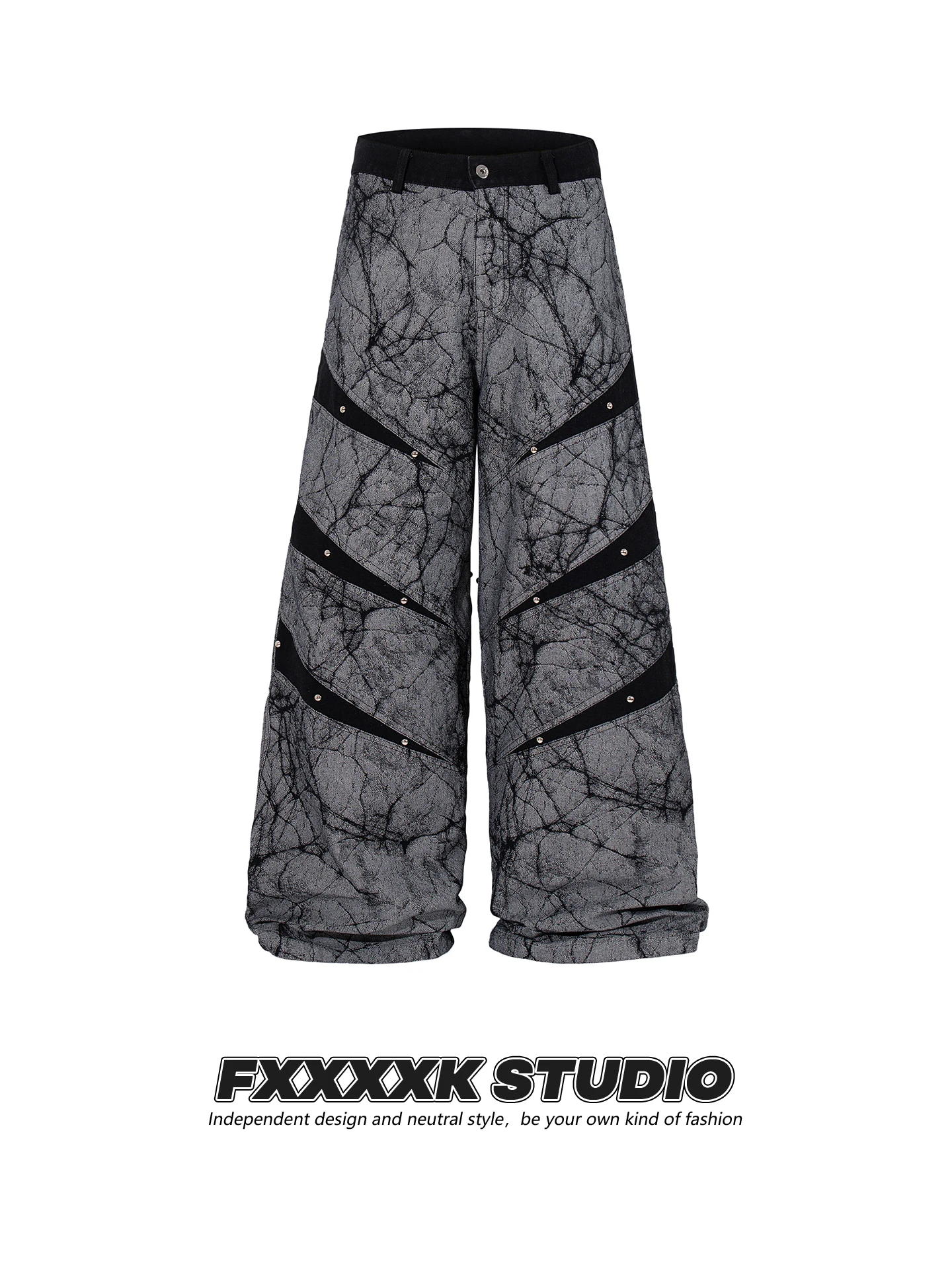 

Оригинальные джинсы FXK из плотной искусственной кожи с заклепками и пэчворком, свободного прямого кроя, повседневные, в стиле High Street, из смесового хлопка