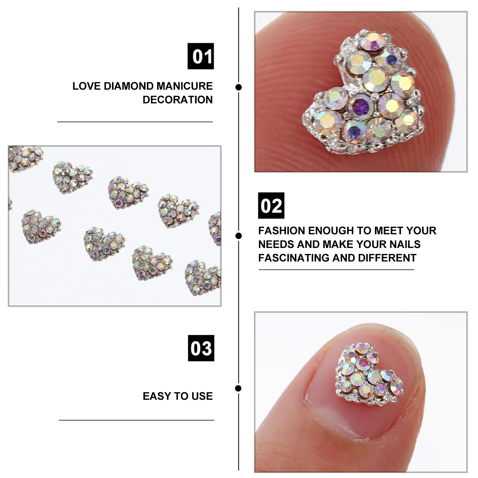 20 szt. Ozdób do paznokci w kształcie serca z cyrkoniami, błyszczące charmsy 3D do paznokci, zestaw do samodzielnego manicure, cyrkonie do zdobienia paznokci.