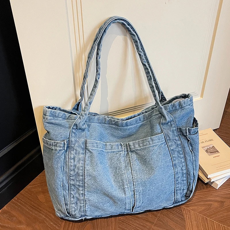 

Вместительные женские джинсовые сумки-тоуты, модные женские сумки через плечо, повседневные женские сумки для покупок, однотонные.