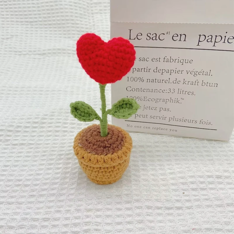 Hand-Knitted Flowers Potted Crochet Rose Sunflower Tulip Artificial Plants Finished Woven Gift For Home Office Desktop Car Decor