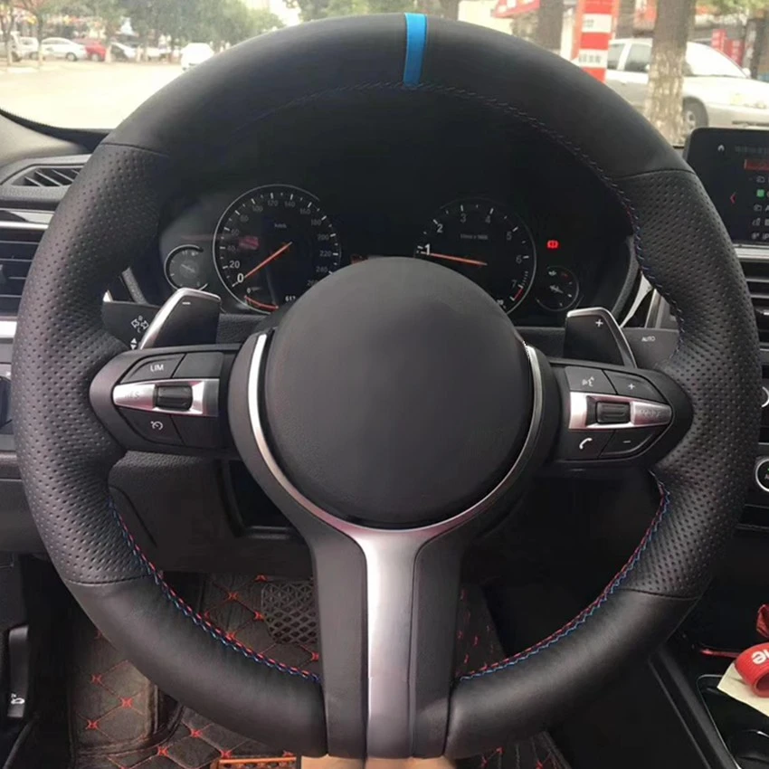 Black leather Blue Marker Car Steering Wheel Cover for BMW F33 F30 M2 M3 F82 M4 M5 F12 F13 M6 F85 X5 X6 F87 F80 M Sport