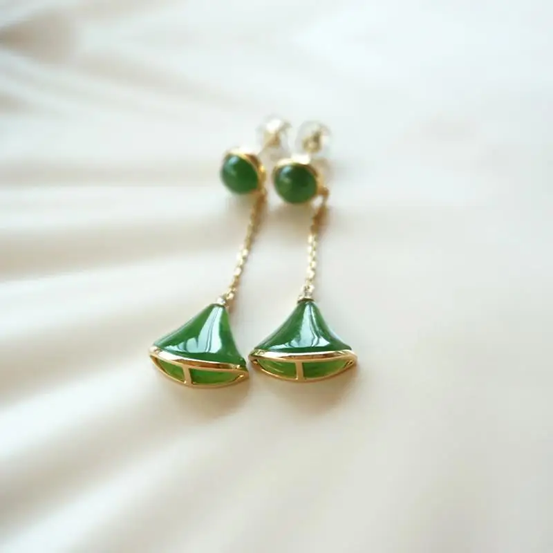 New natural Hetian chalcedony green small fan earrings for women charm long small fresh and exquisite wedding silver jewelry