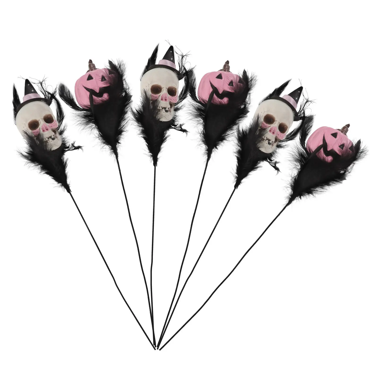 

6Pcs Halloween Bouquet Black Feathered Flowers Stems Pumpkin Skull Head Floral Picks Scary Vase Fillers Haunted House Table