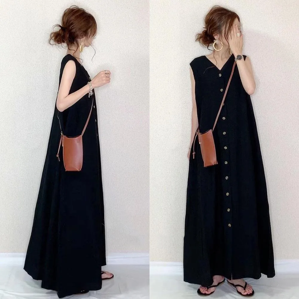 

Japanese Style Loose V-neck Dress Women's Summer Casual Single Breasted Sleeveless A-line Long Dress Fashion Female Clothes