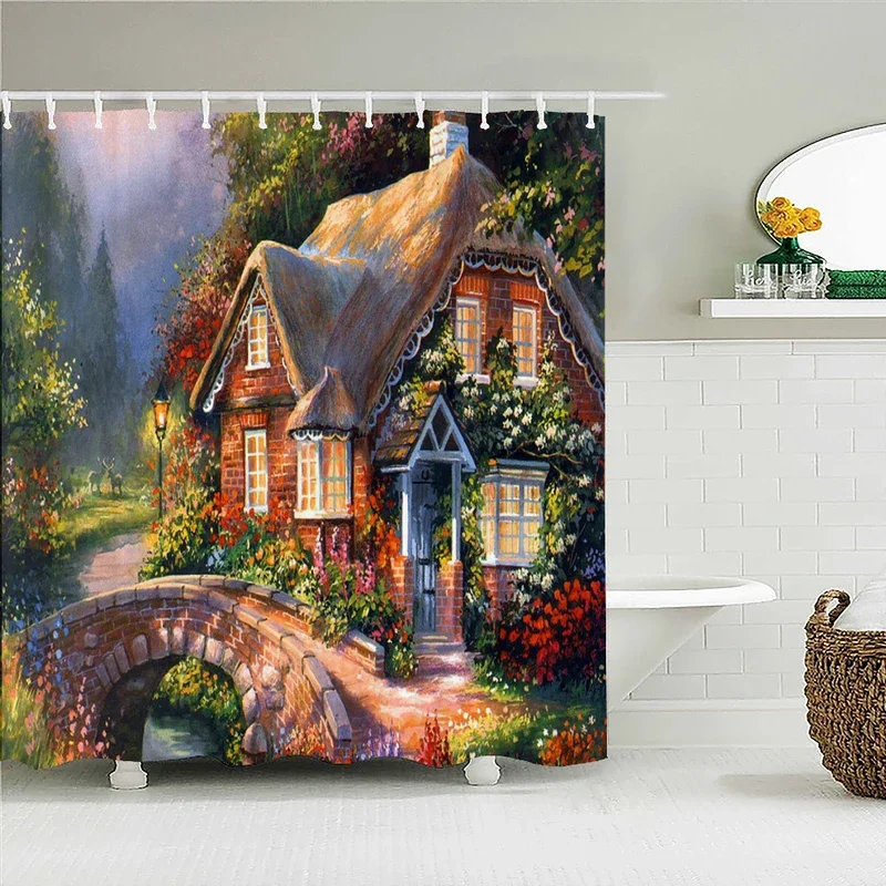 

JY01Fairy Tale Dream Forest Shower Curtain Decor Waterproof Fabric Bathroom Curtains Oil Painting landscape Bath Screen with 1@1