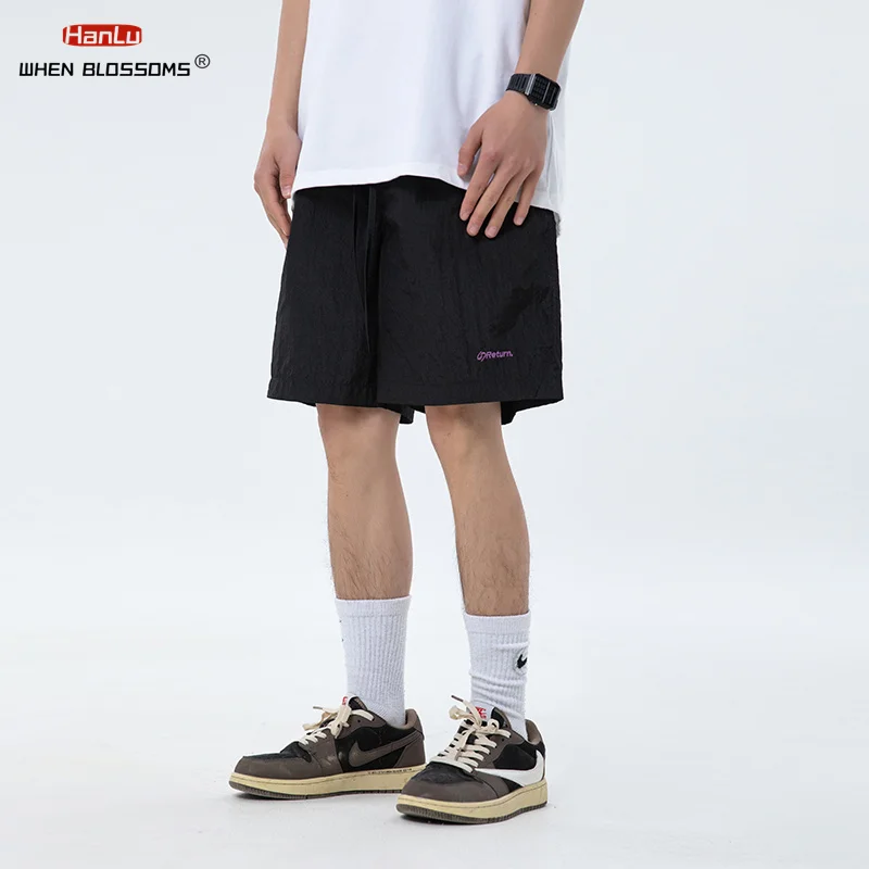 Men Women Pocket Drawstring Solid Soft Thin Metallic Texture Slightly Wrinkled Summer Loose Versatile Embroidered Sports Shorts