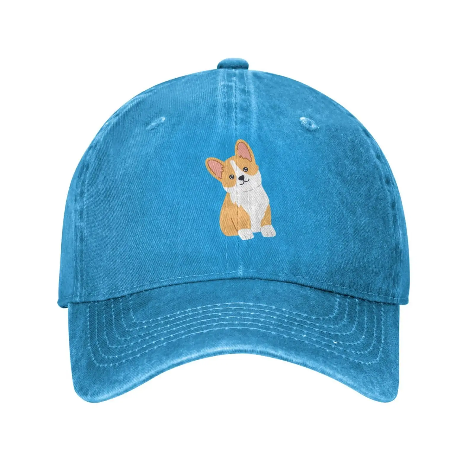 

Blue Kawaii Corgi Vintage Embossed Adjustable Washed Denim Cotton Low Profile Mens Dad Trucker Hat