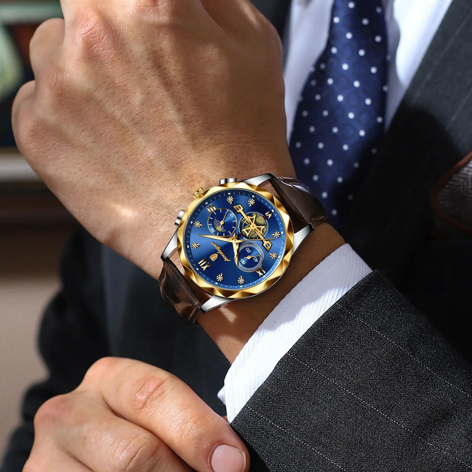 POEDAGAR Luxury Watches For Men Leather Chronograph Man Watch Waterproof Luminous Military Fashion Men's Quartz Wristwatch Reloj image 5