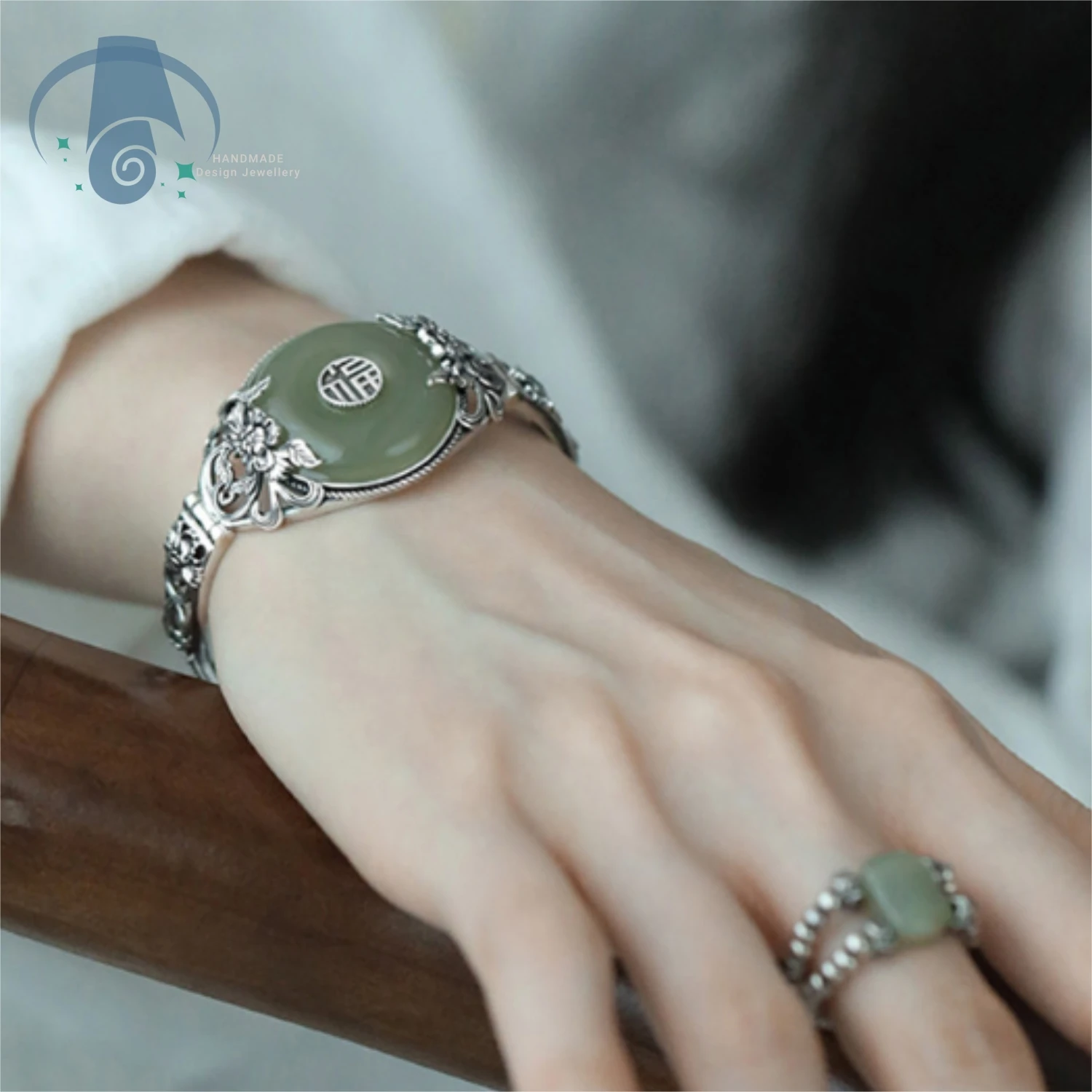 Natural Hetian Jade Peace Buckle Bracelet Ring Hand Carved Retro Ethnic Peony Flower Fu Character Jewelry for Women Vintage Gift