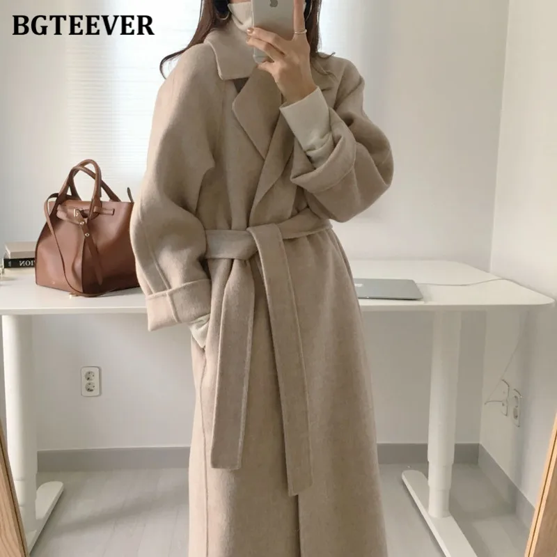 BGTEEVER Chic Elegant Thick Warm Ladies Woolen Overcoats Winter Outwear Long Sleeve Loose Pockets Female Lace-up Blend Jackets