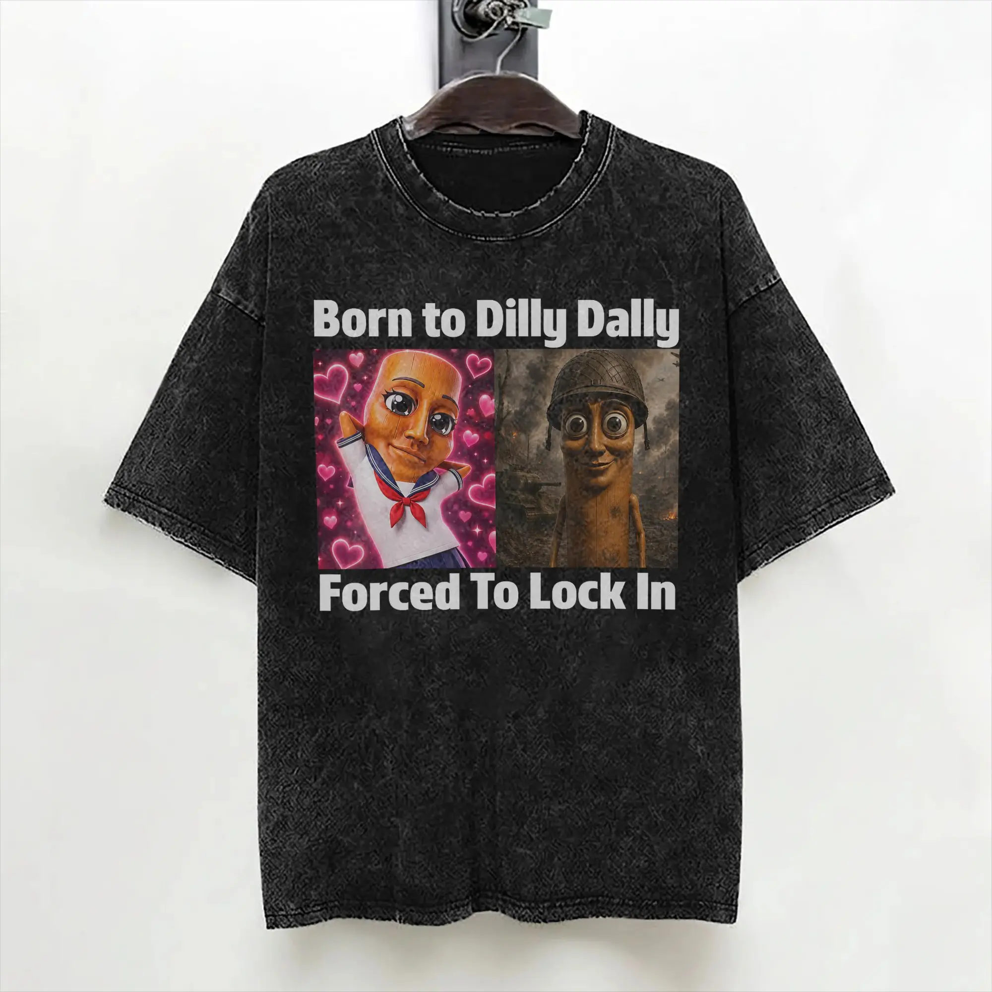 Born to Dilly Dally Forced to Lock in Tung Tung Sahur Meme T Shirt Washed Short Sleeve T-Shirt  Vintage Men Women Streetwear