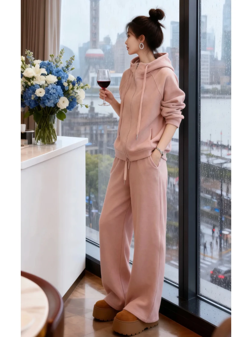 

Korean Sle Women's Casual Spor Knitted Set Long Sve Hoodie And Pants Thiened Winter Warm Faion Ensemble