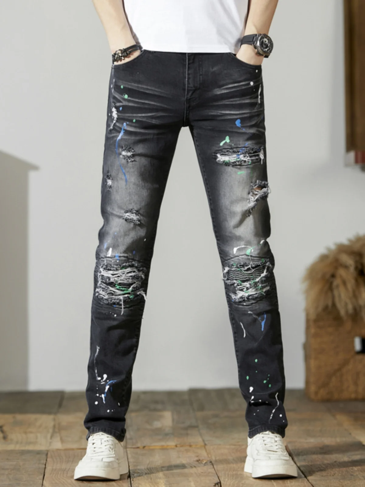 

High-End American Sle Distred Patchwork Slim Fit Men's Jeans Casual Elastic Long Pants Spring Autumn Wear Resistant