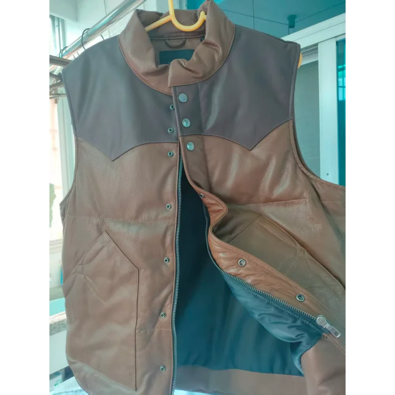 Men's Real Goatskin Leather Waistcoat Thick down Vest Male Short Vest Oil Wax First Layer for Autumn Winter