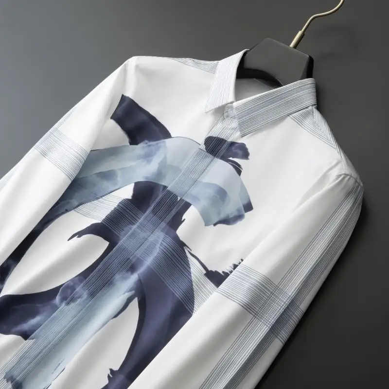 2025 luxo carta impressa camisa masculina manga longa magro camisas casuais de alta qualidade banquete festa smoking social masculina