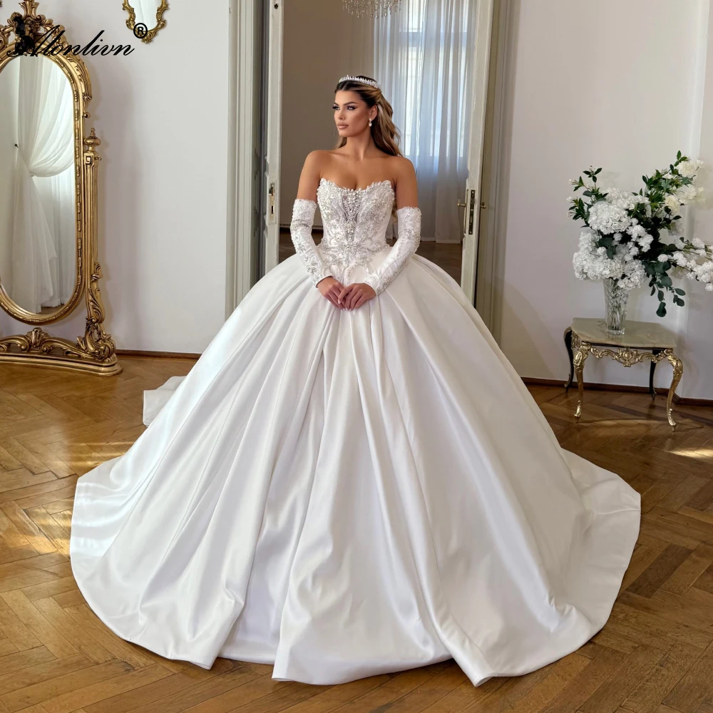 Alonlivn Custom Made Luxurious Satin Ball Gown Puffy Wedding Dress Beaded Crystals Pearls Lace Sweetheart Princess Bridal Gowns