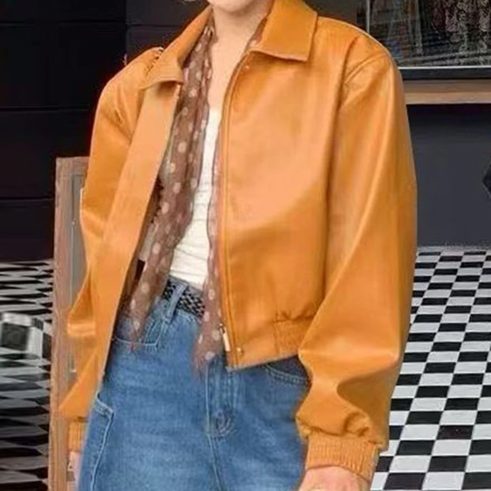Veste en cuir blanc orange pour femme, style étranger, à la mode, version coréenne, taille ample et fine, automne