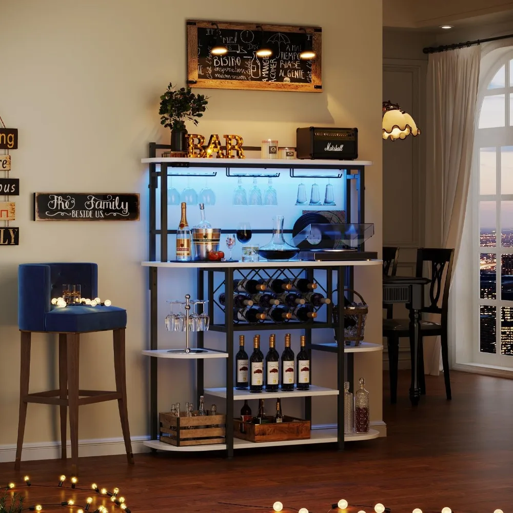 Cremalheira do vinho com luz LED, Bar Mesa Gabinete, suporte de vidro, autônomo café armazenamento prateleiras, 5-Tier Liquor Cabinet