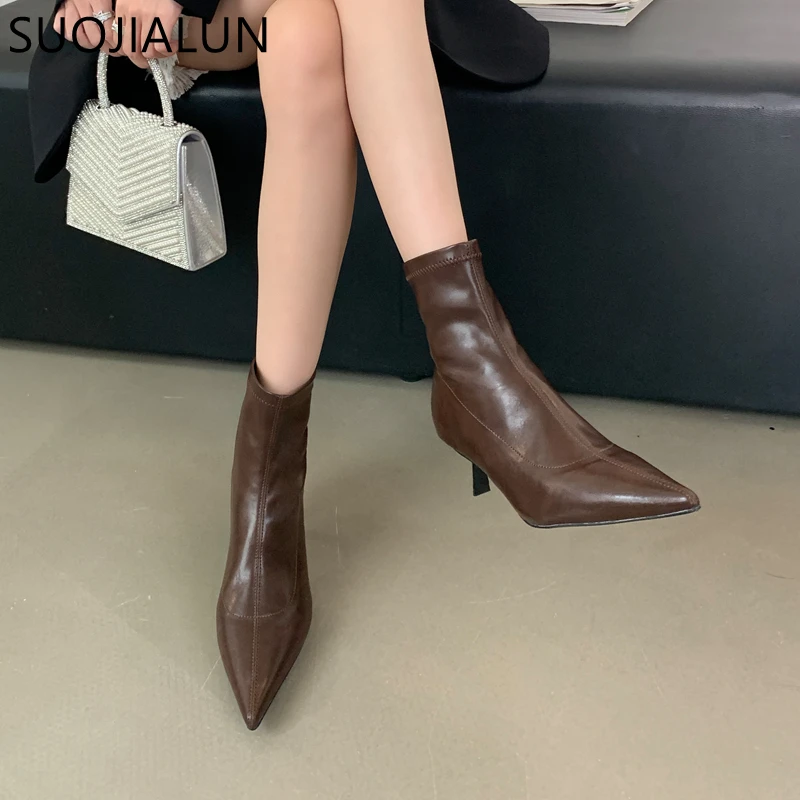 SUOJIALUN 2024 Winter New Brand Women Short Boots Fashion Slip On Ladies Eelgant Chelsea Boots Thin High Heel Dress Short Boots