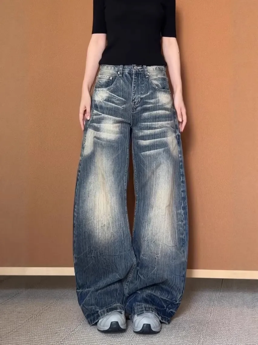 

Large Size American Washed out Jeans Women's Autumn Winter Vintage Loose Lazy Versatile Wide Leg Long Pants Casual Style
