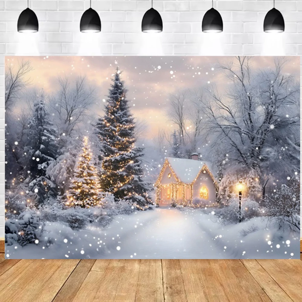 خلفية الشتاء في الهواء الطلق مشهد سنوفيلد ثلجي الصنوبر الغابات منزل استحمام الطفل ديكور الحفلات الكبار صورة التصوير الخلفية
