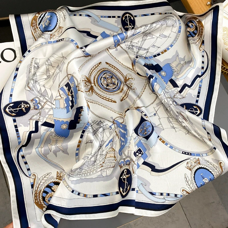 

70X70CM Kerchief Luxury Sailboat Print Shawls Four Seasons Square Headcloth Fashion Silk Scarves Popular Sunscreen Small Scarf