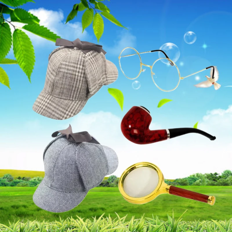 2025 Pipe Props Halloween Stage Performance Props Detective Hat Deerstalker Detective Sherlock Magnifying Glass Equipment