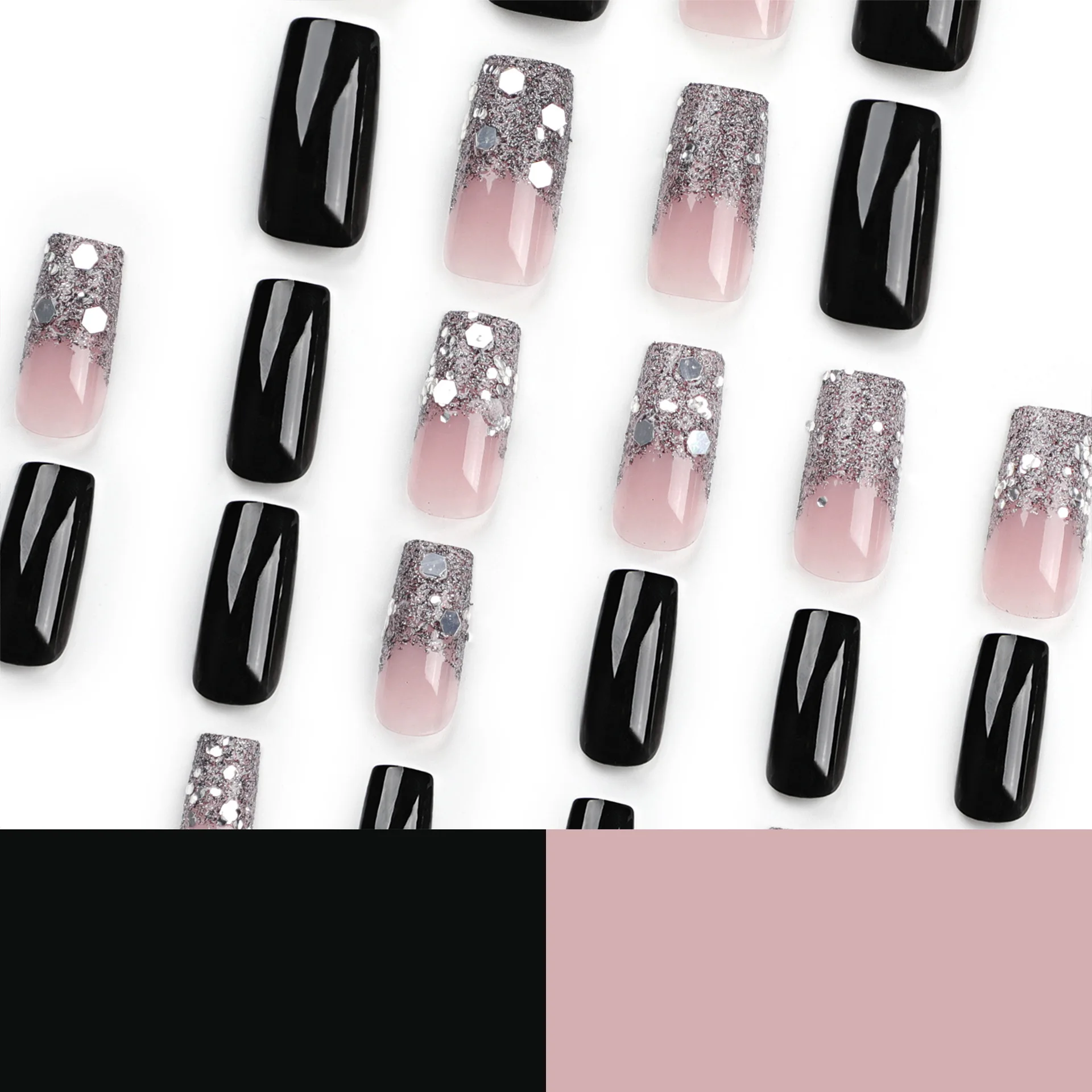 24 Stück künstliche Nägel, funkelnder Glitzer, Farbverlauf, schwarz, einfarbig, tragbar, Maniküre, zum Aufdrücken der Nägel, solide