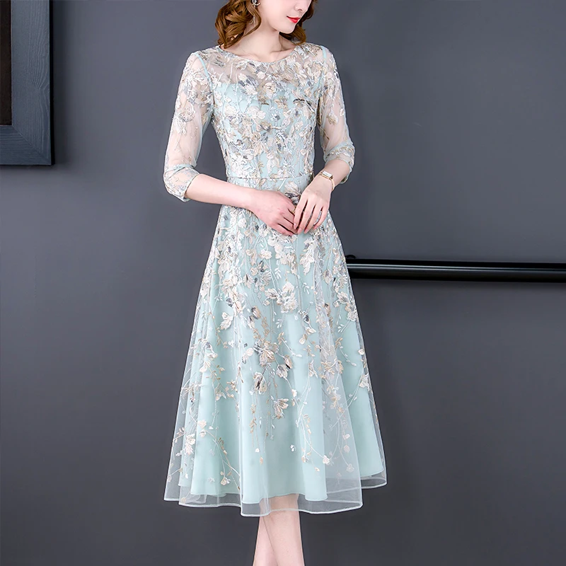 Women White Luxury Floral Beading Lace Midi Dress 2024 Korean Elegant Loose Maxi Dress Summer Vintage Chic Party Evening Vestido