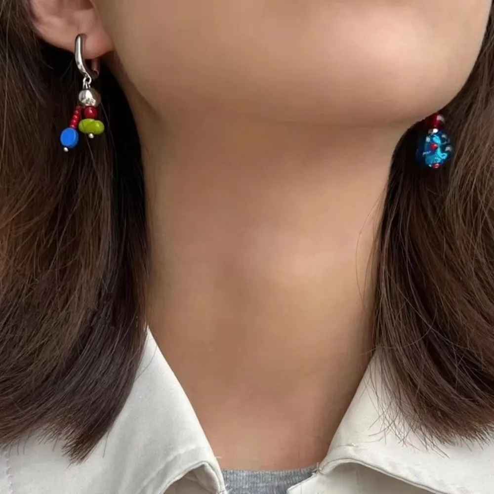 Versatile Unique Asymmetric Earrings Candy Beads Resin Flower Beads Earrings Cute Dopamine Colorful Geometric Metal Earrings