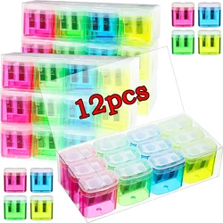 12pcs/box Manual Pencil Sharpener Small Colored Handheld Dual Hole Pencil Sharpeners with Lid 4 Color For Kids School Supplies