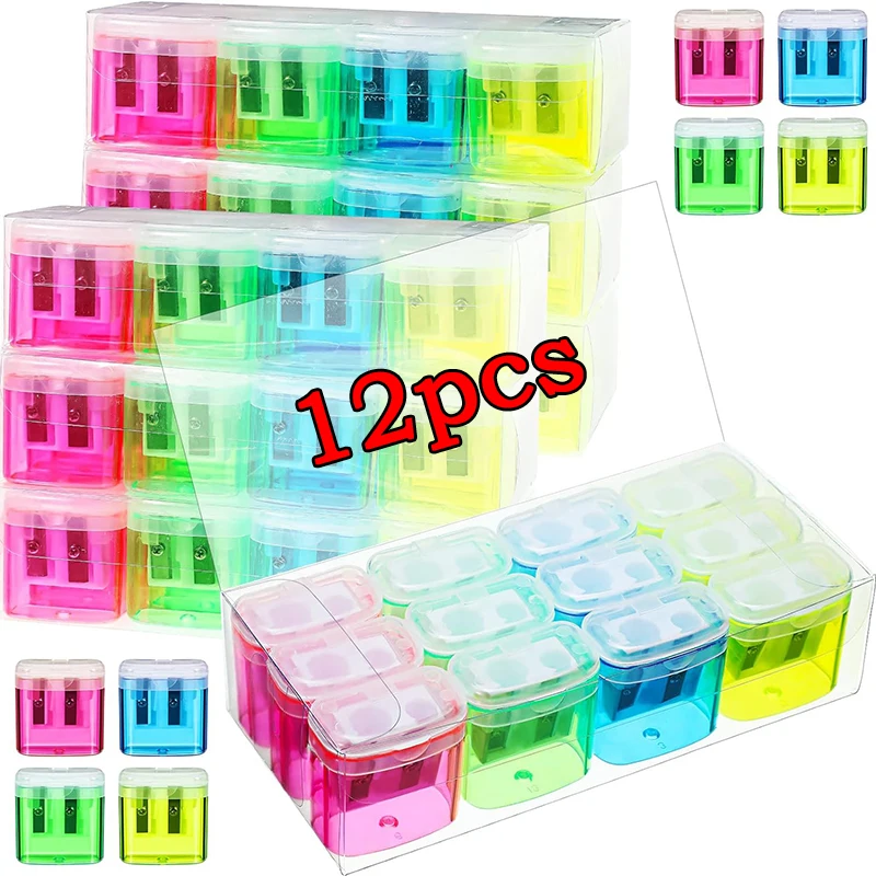 apontador de lapis manual com tampa pequeno colorido portatil furo duplo material escolar cores 12 pcs por caixa 01