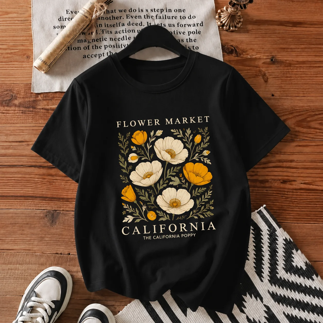 Y2K Sweet French Vacation Vintage Flower Market Orange Poppy Wildflowers Floral Print Oversized Cream 100% Cotton Summer T Shirt