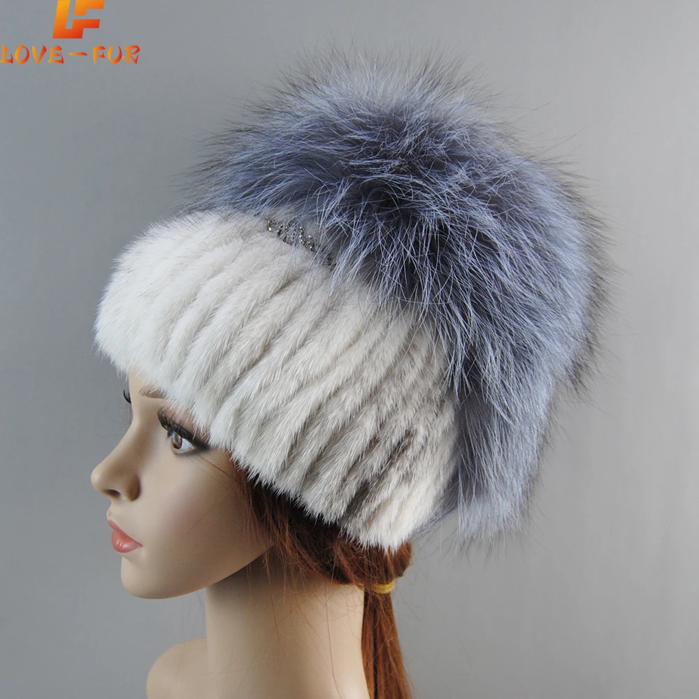 Hot Sale Female Russian Warm Beanies Hat Women's Fur Hat Brand Women Winter Mink Fur Hats Knitted Real Mink Silver Fox Fur Caps